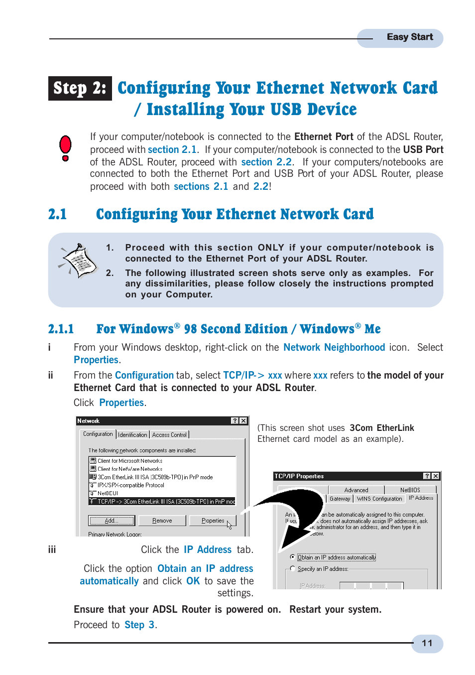 1 configuring your ethernet network card, 1 for windows, 98 second edition / windows | Allied Telesis AT-AR236E User Manual | Page 11 / 19