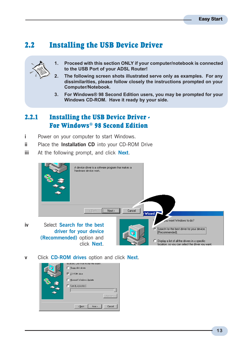 2 installing the usb device driver, 1 installing the usb device driver - for windows, 98 second edition | Allied Telesis AT-AR236E User Manual | Page 13 / 19