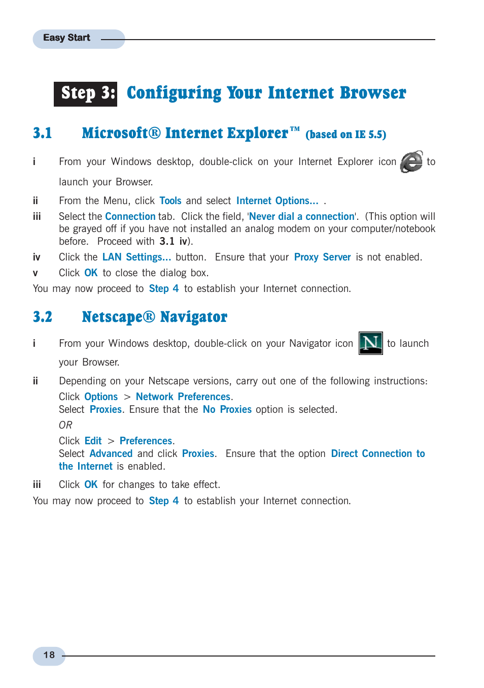 Step 3: configuring your internet browser, 1 microsoft® internet explorer, 2 netscape® navigator | Allied Telesis AT-AR236E User Manual | Page 18 / 19