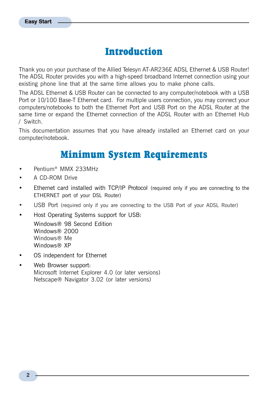 Introduction, Minimum system requirements | Allied Telesis AT-AR236E User Manual | Page 2 / 19