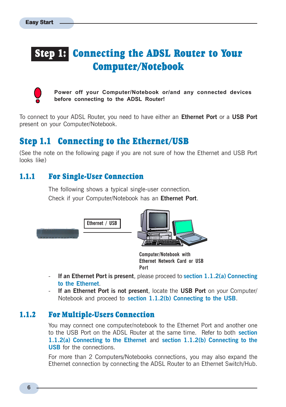 Step 1.1 connecting to the ethernet/usb, 1 for single-user connection, 2 for multiple-users connection | Allied Telesis AT-AR236E User Manual | Page 6 / 19