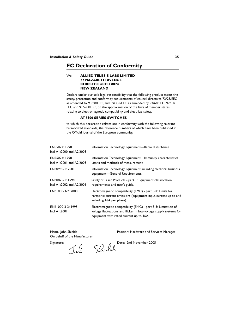 Ec declaration of conformity | Allied Telesis AT-8600 Series Switch User Manual | Page 36 / 38
