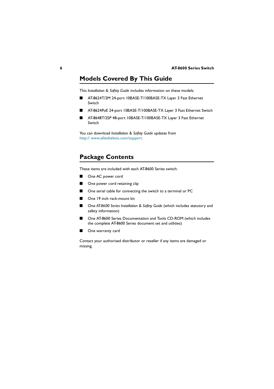 Models covered by this guide, Package contents | Allied Telesis AT-8600 Series Switch User Manual | Page 7 / 38