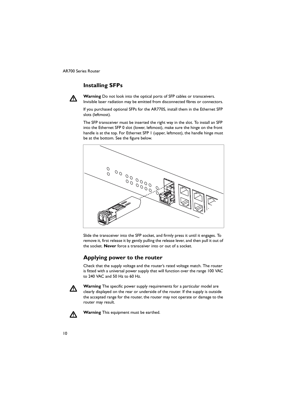 Installing sfps, Applying power to the router, Installing sfps applying power to the router | Allied Telesis AR700 Series Router User Manual | Page 10 / 40