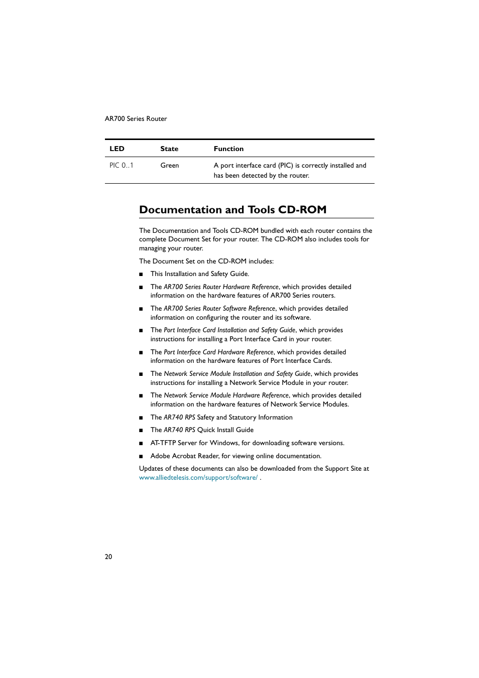 Documentation and tools cd-rom | Allied Telesis AR700 Series Router User Manual | Page 20 / 40