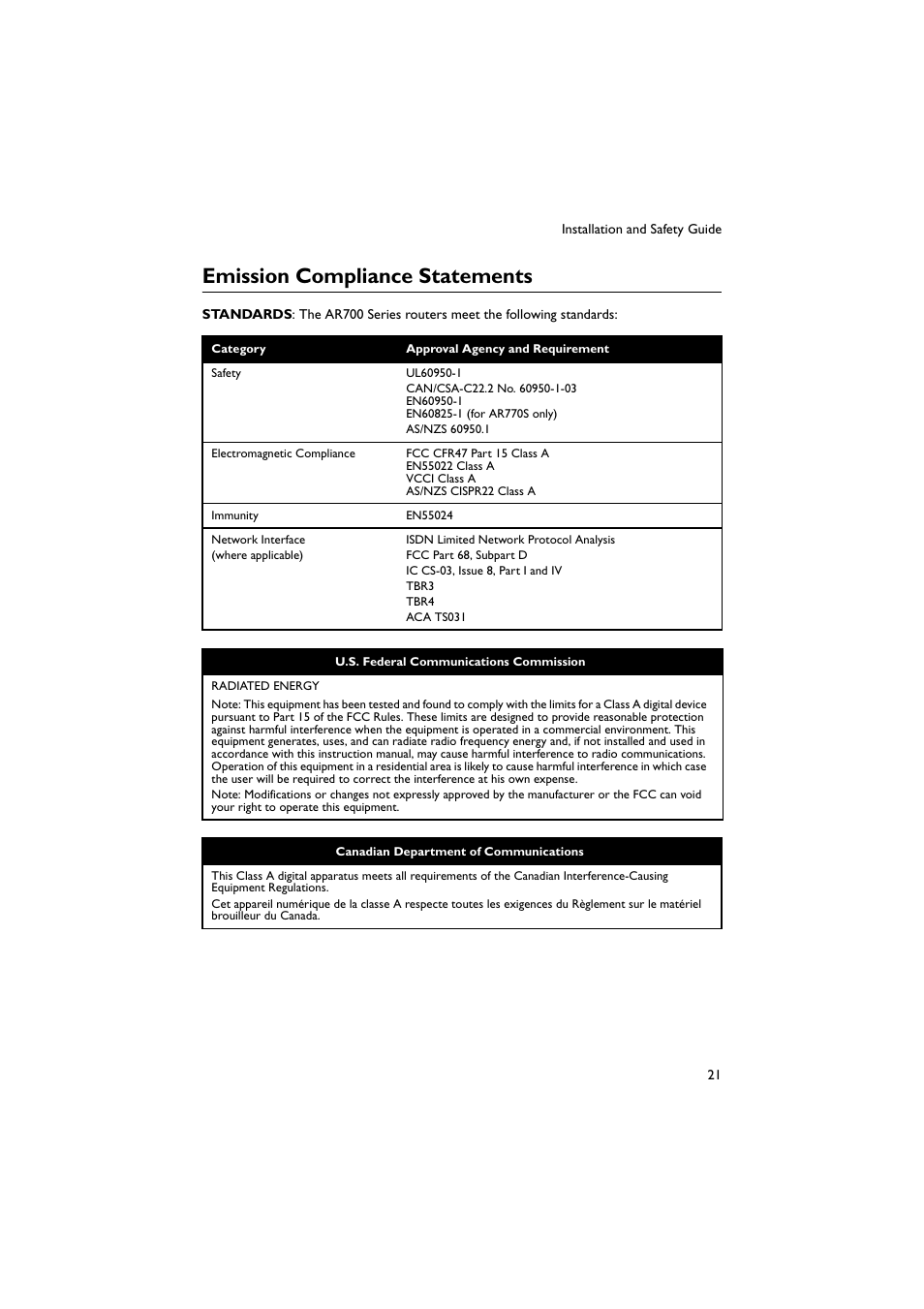 Emission compliance statements | Allied Telesis AR700 Series Router User Manual | Page 21 / 40
