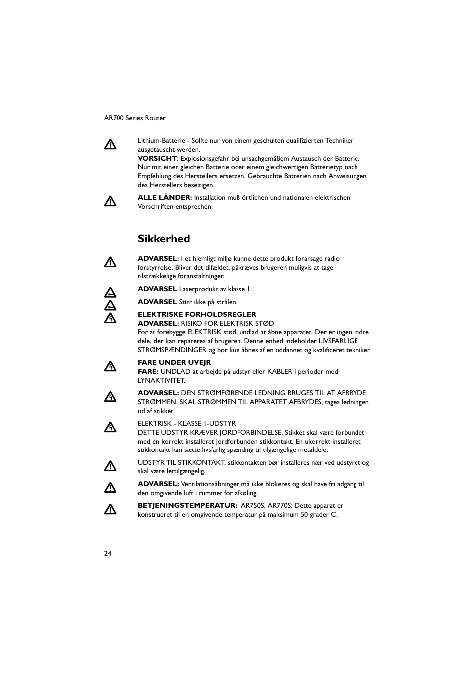 Sikkerhed, Dsadvarslerne | Allied Telesis AR700 Series Router User Manual | Page 24 / 40
