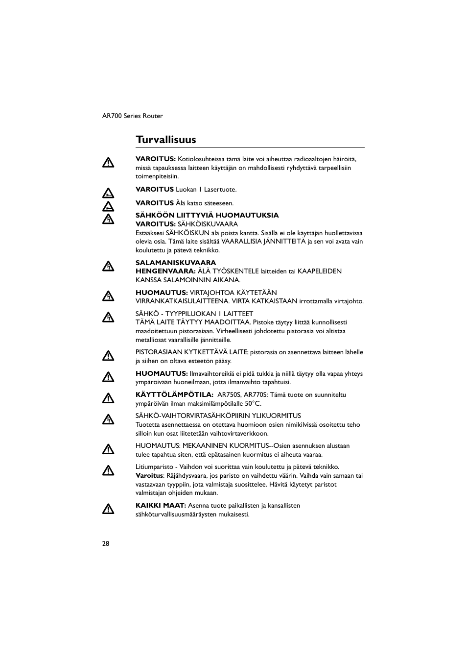 Turvallisuus | Allied Telesis AR700 Series Router User Manual | Page 28 / 40