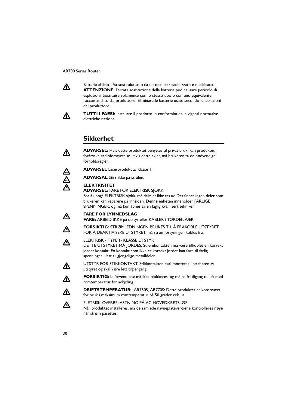 Sikkerhet | Allied Telesis AR700 Series Router User Manual | Page 30 / 40