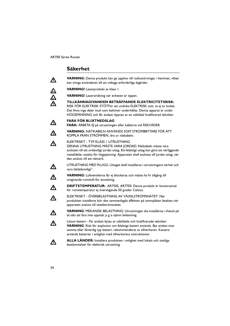 Säkerhet, Sida | Allied Telesis AR700 Series Router User Manual | Page 34 / 40