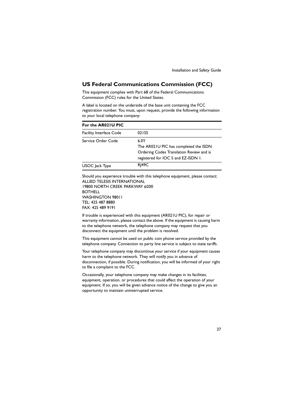 Us federal communications commission (fcc) | Allied Telesis AR700 Series Router User Manual | Page 37 / 40