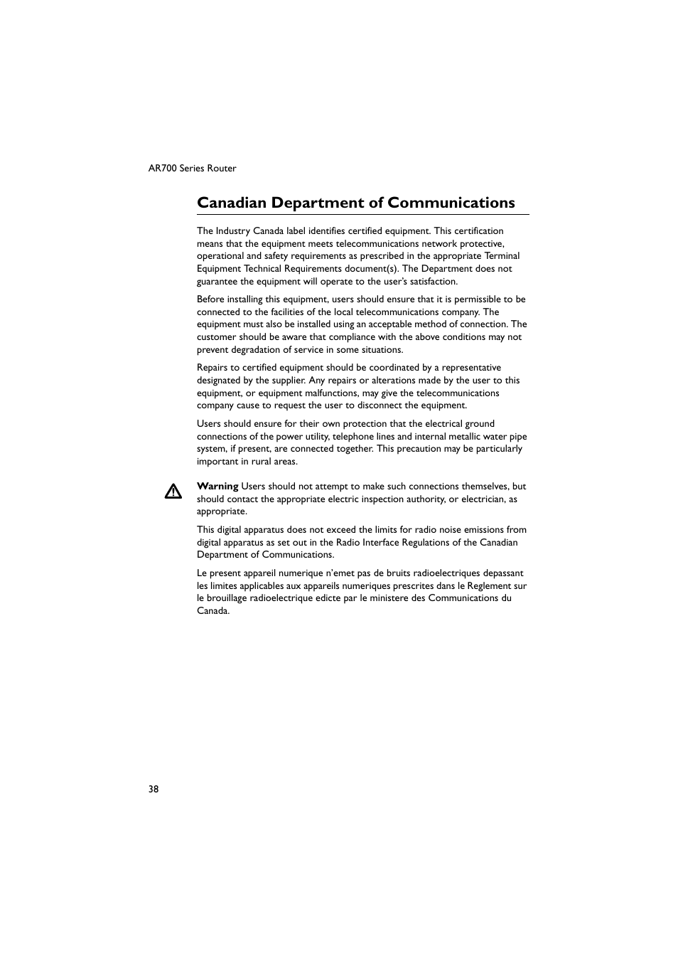 Canadian department of communications | Allied Telesis AR700 Series Router User Manual | Page 38 / 40