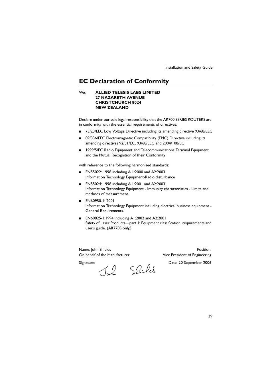 Ec declaration of conformity | Allied Telesis AR700 Series Router User Manual | Page 39 / 40