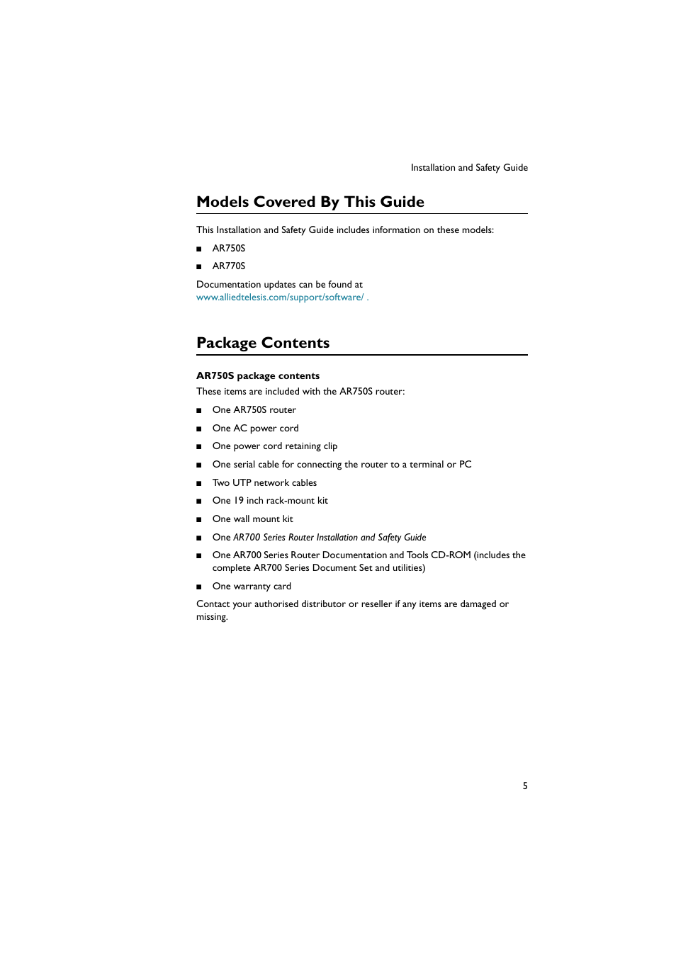 Models covered by this guide, Package contents | Allied Telesis AR700 Series Router User Manual | Page 5 / 40