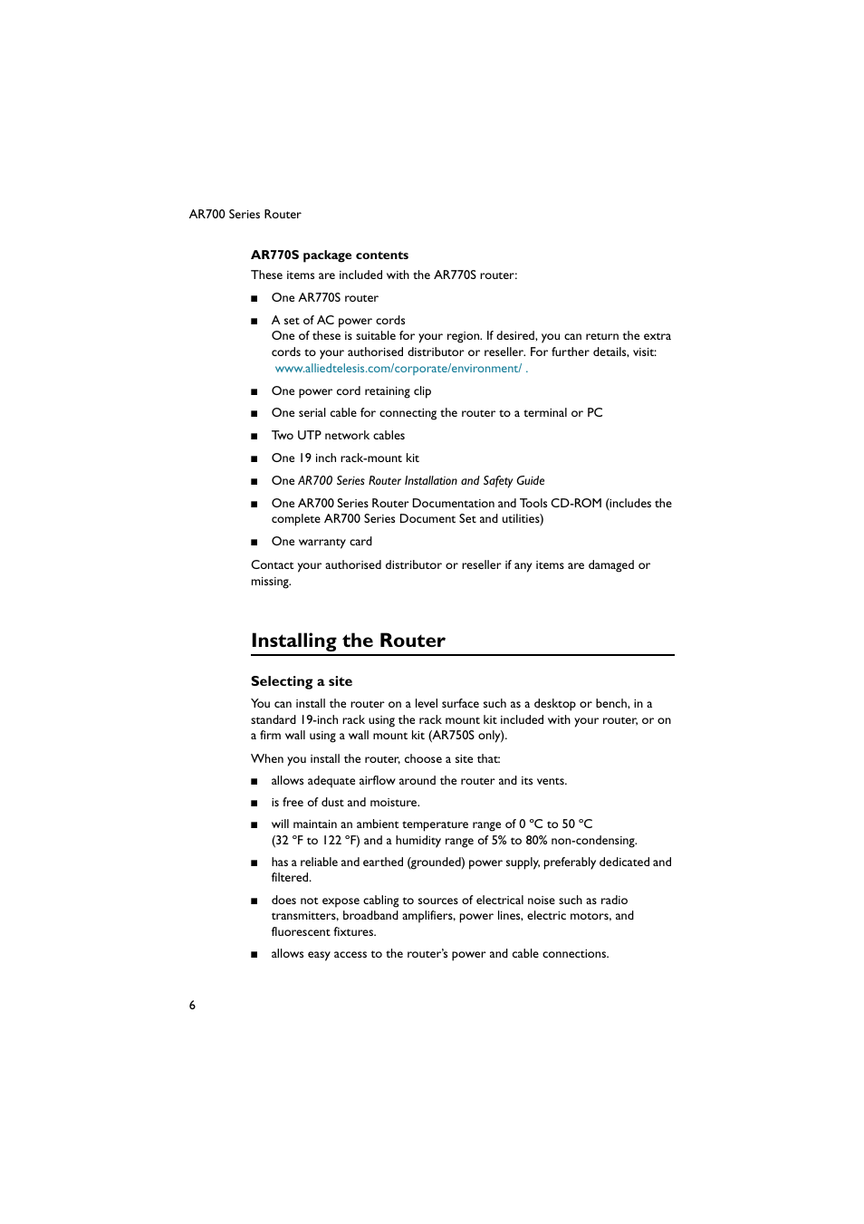 Installing the router | Allied Telesis AR700 Series Router User Manual | Page 6 / 40