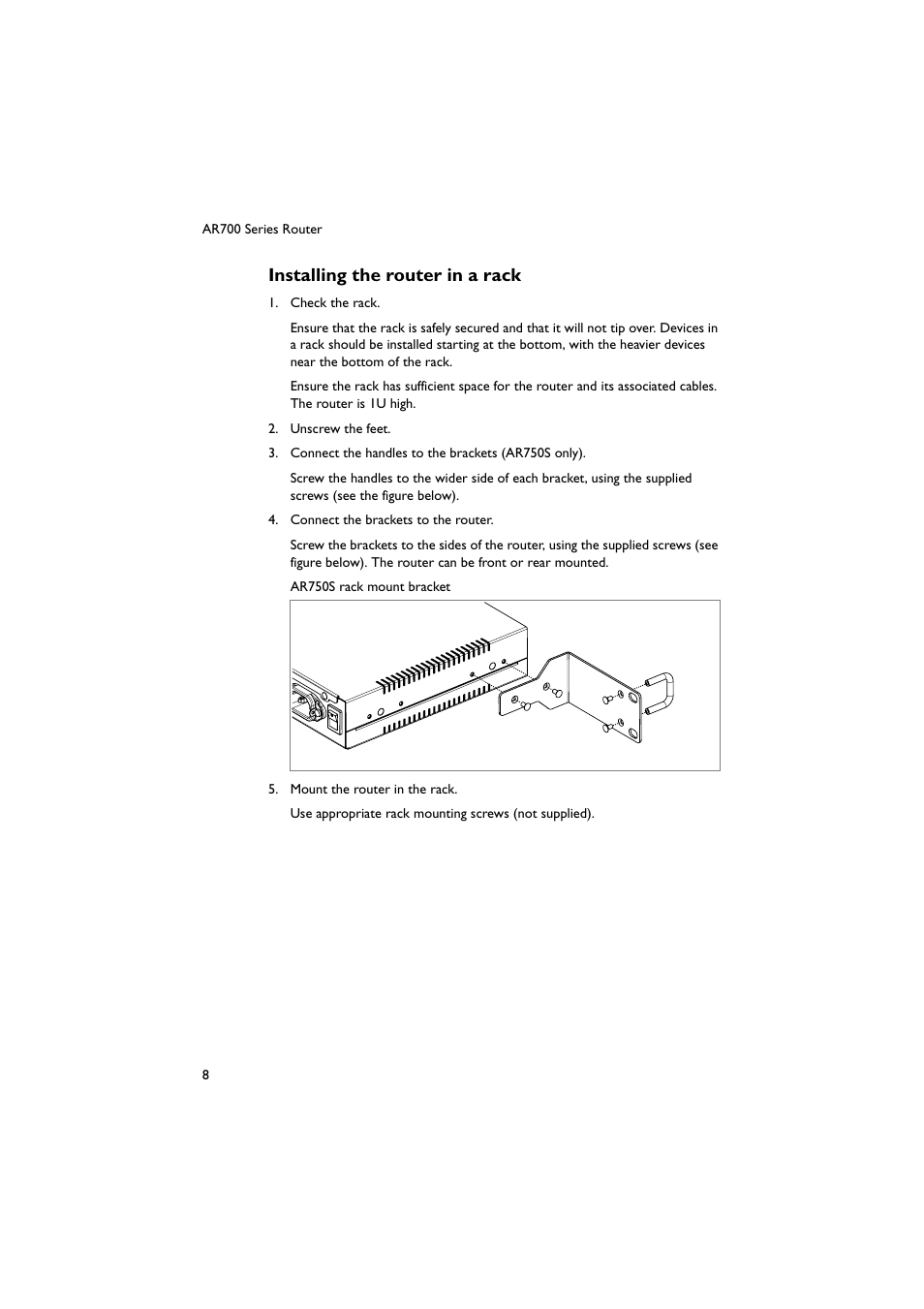 Installing the router in a rack | Allied Telesis AR700 Series Router User Manual | Page 8 / 40