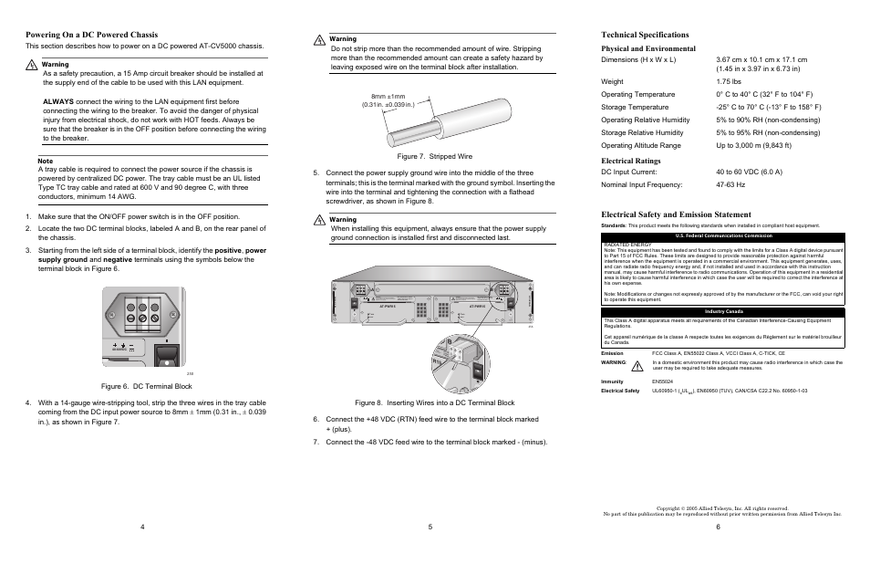 Powering on a dc powered chassis, Technical specifications, Electrical safety and emission statement | Physical and environmental, Electrical ratings | Allied Telesis AT-PWR15 User Manual | Page 2 / 2