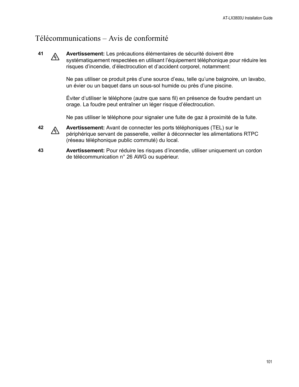 Télécommunications – avis de conformité | Allied Telesis AT-LX3800U User Manual | Page 101 / 110