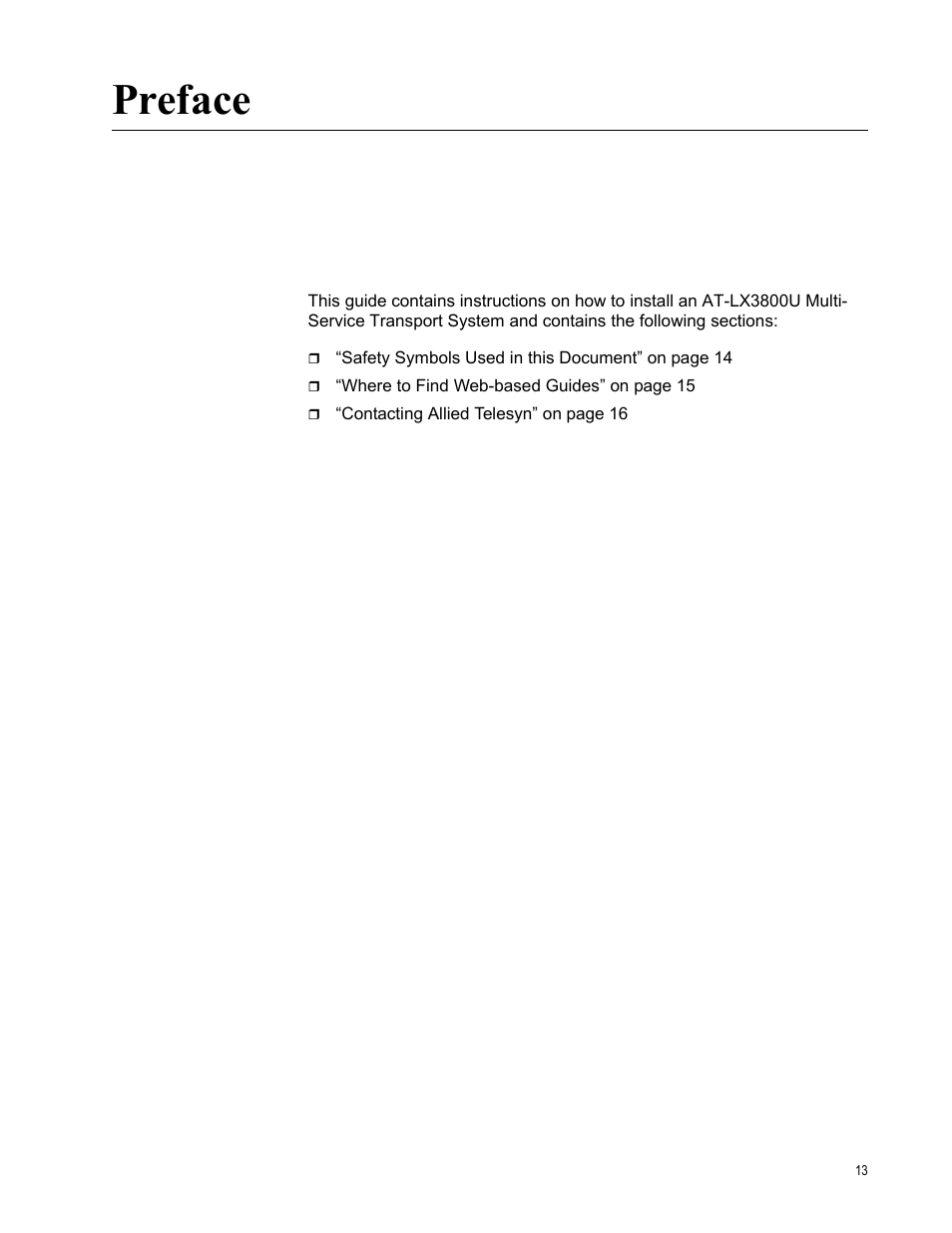Preface | Allied Telesis AT-LX3800U User Manual | Page 13 / 110