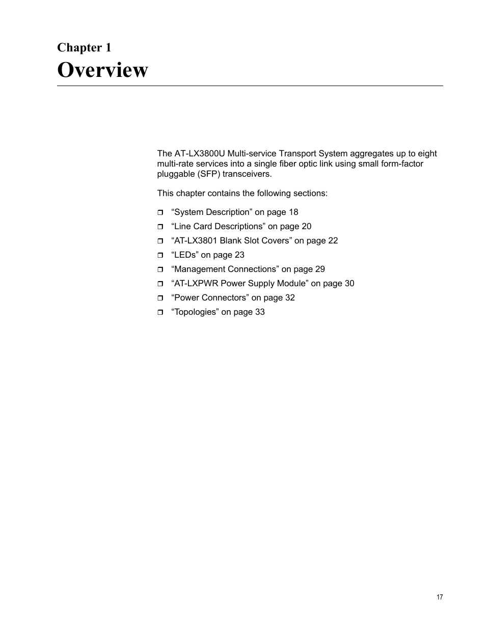 Chapter 1, Overview | Allied Telesis AT-LX3800U User Manual | Page 17 / 110