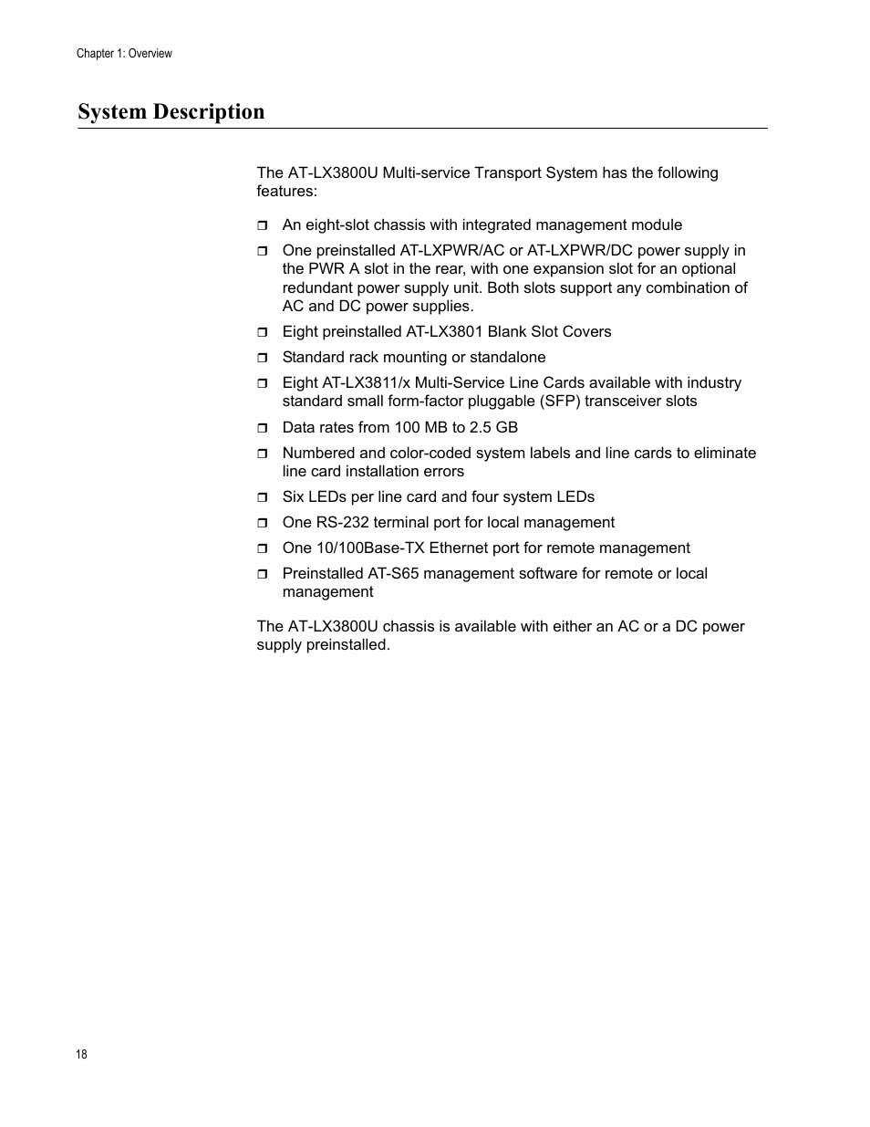 System description | Allied Telesis AT-LX3800U User Manual | Page 18 / 110