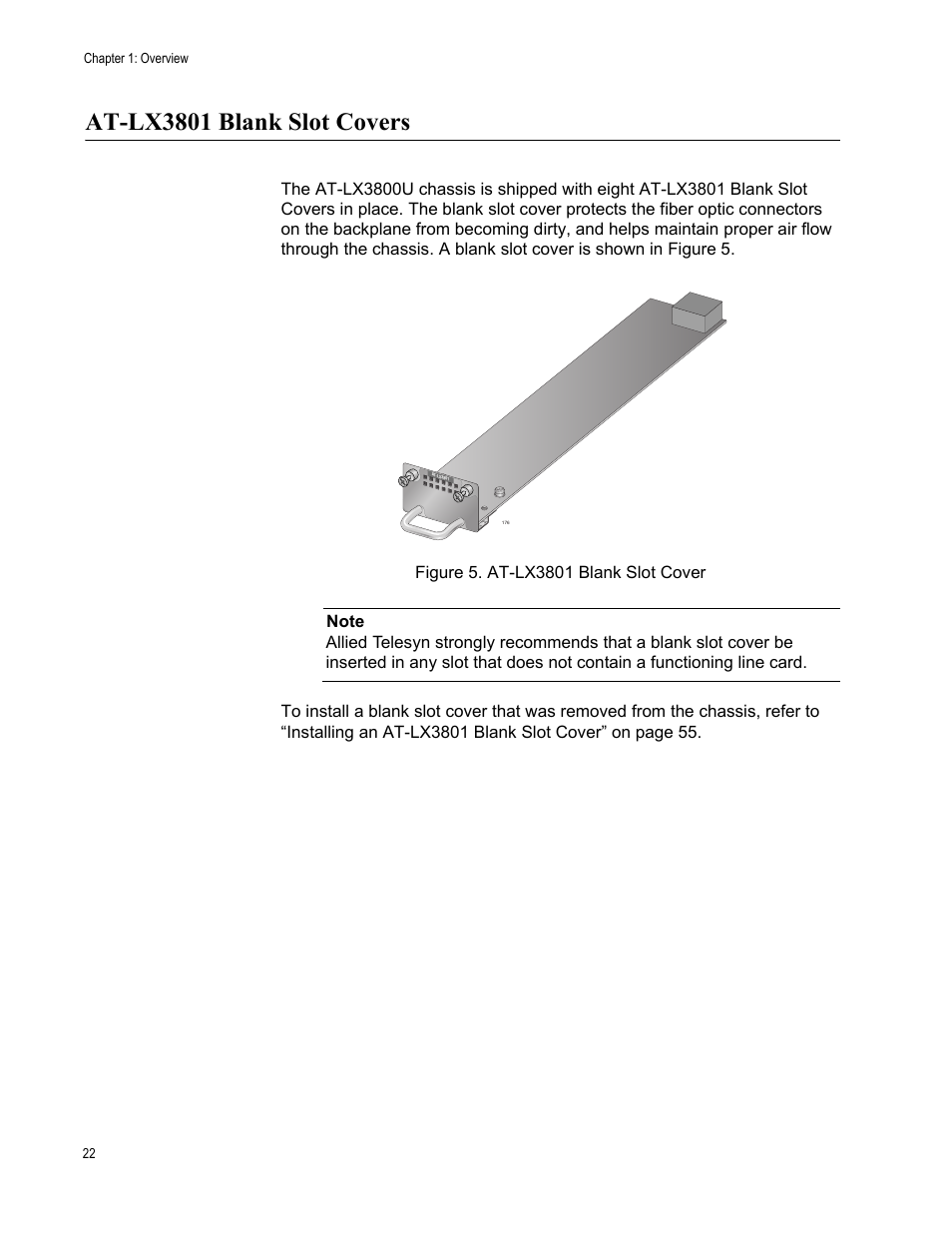 At-lx3801 blank slot covers, Figure 5. at-lx3801 blank slot cover | Allied Telesis AT-LX3800U User Manual | Page 22 / 110