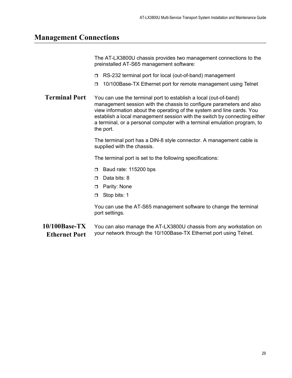 Management connections, Terminal port, 10/100base-tx ethernet port | Terminal port 10/100base-tx ethernet port | Allied Telesis AT-LX3800U User Manual | Page 29 / 110