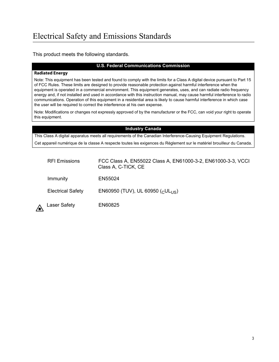 Electrical safety and emissions standards | Allied Telesis AT-LX3800U User Manual | Page 3 / 110