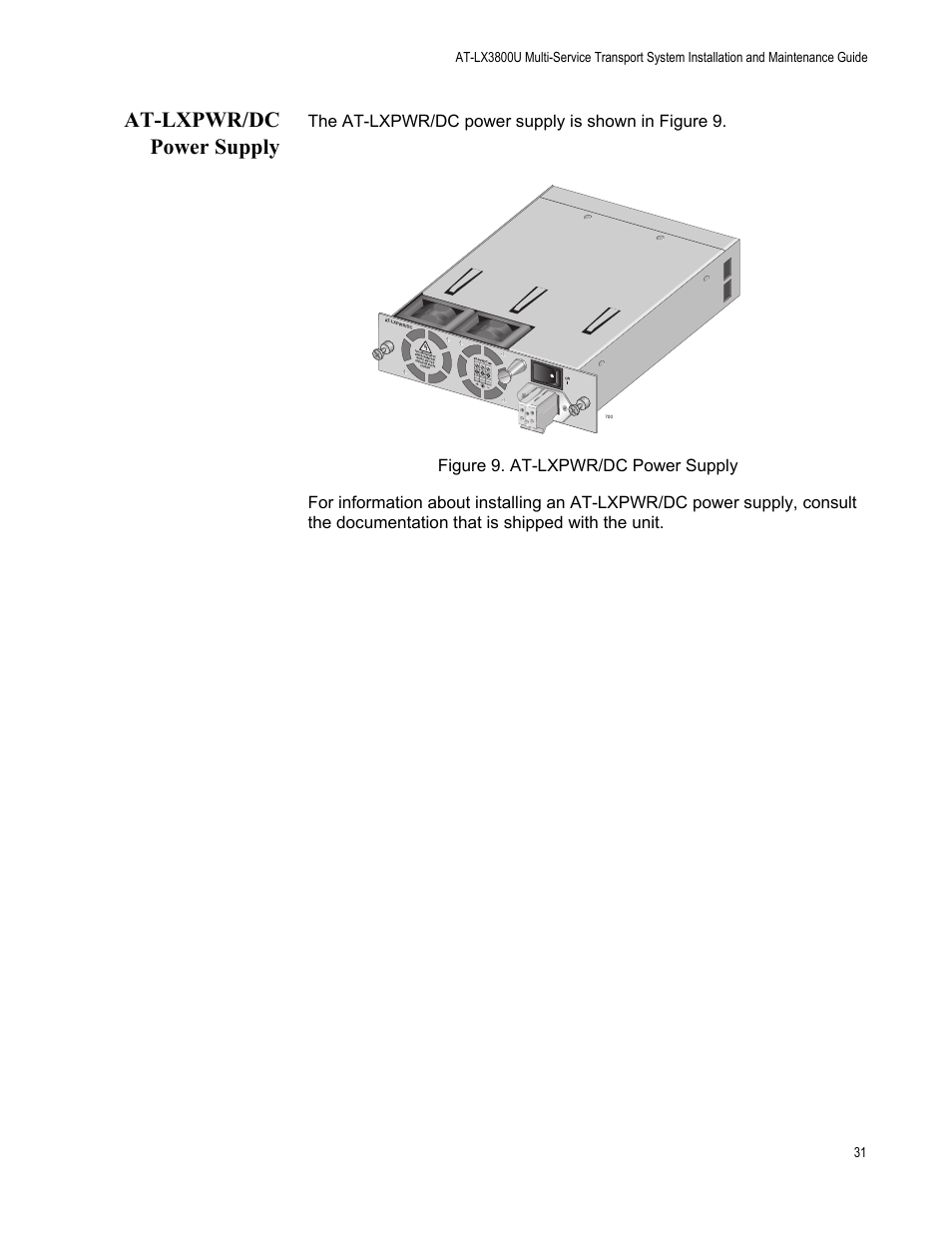 At-lxpwr/dc power supply, Figure 9. at-lxpwr/dc power supply | Allied Telesis AT-LX3800U User Manual | Page 31 / 110