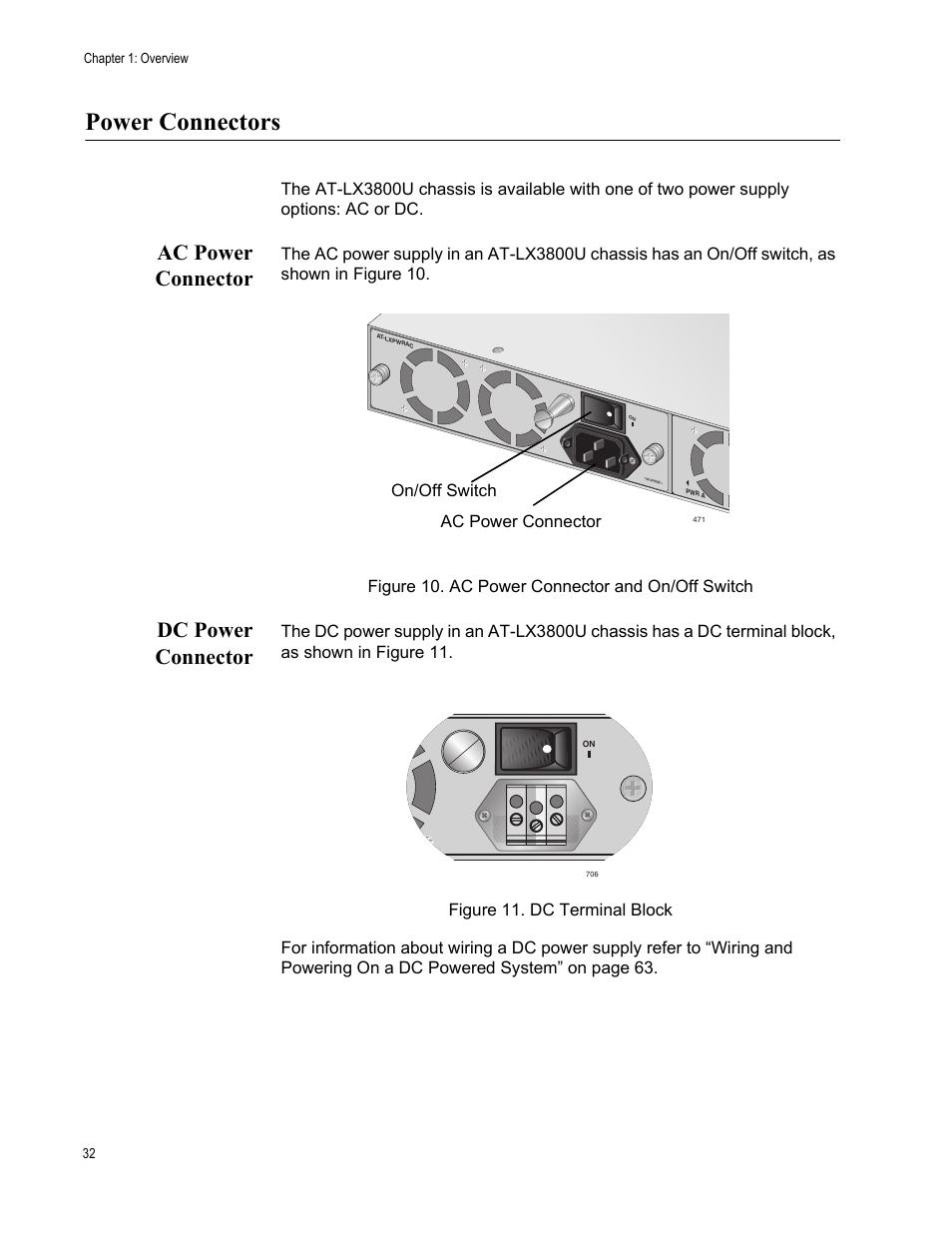 Power connectors, Ac power connector, Dc power connector | Ac power connector dc power connector, On/off switch ac power connector | Allied Telesis AT-LX3800U User Manual | Page 32 / 110