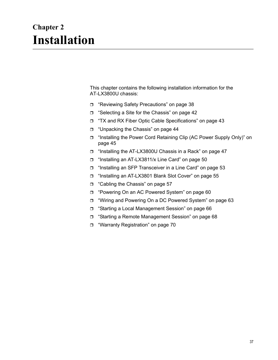 Chapter 2, Installation, R 2: installation | Allied Telesis AT-LX3800U User Manual | Page 37 / 110