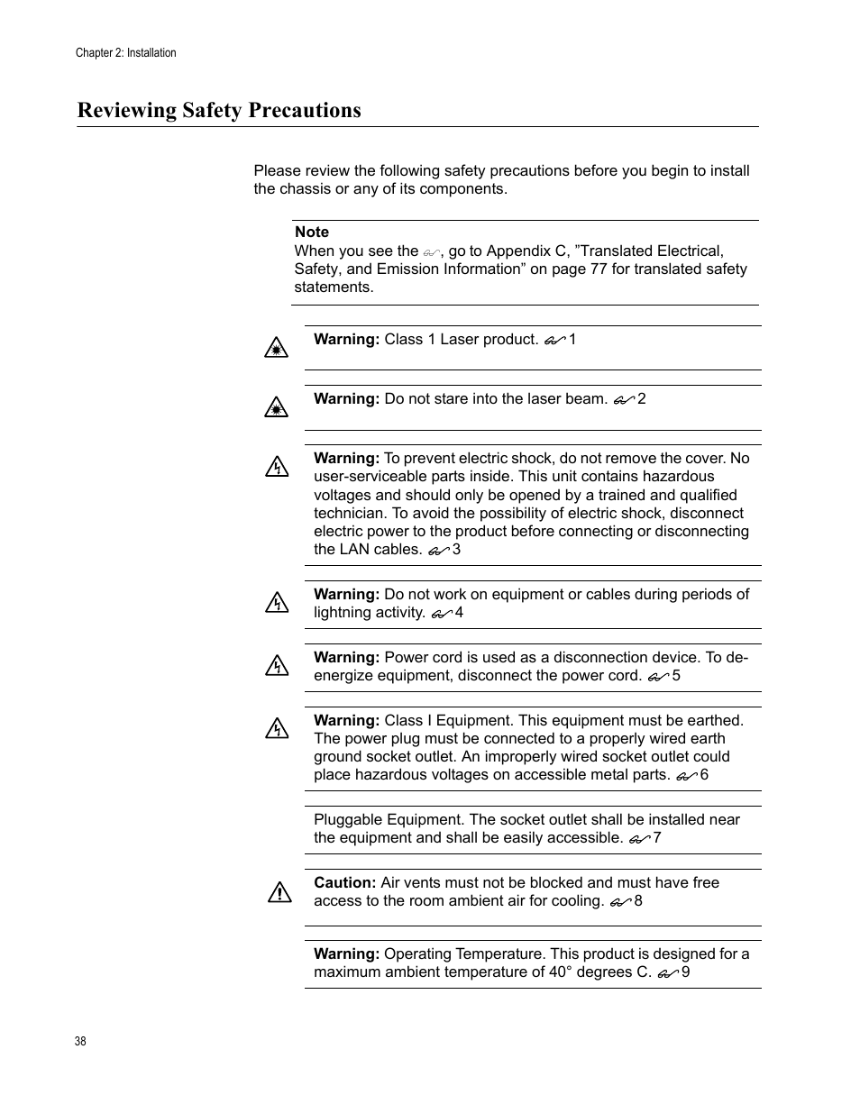 Reviewing safety precautions | Allied Telesis AT-LX3800U User Manual | Page 38 / 110