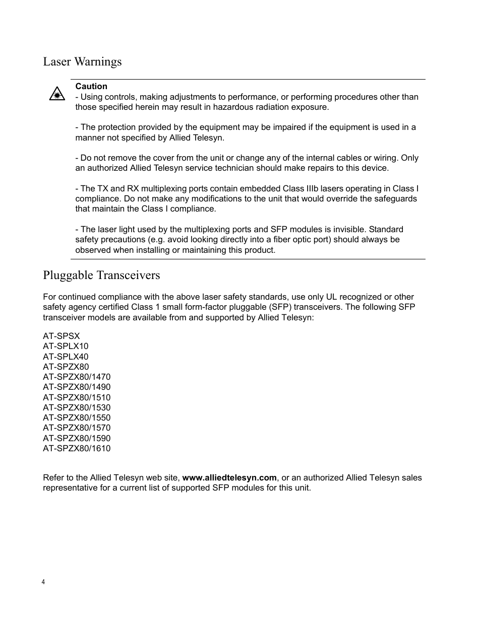 Laser warnings pluggable transceivers | Allied Telesis AT-LX3800U User Manual | Page 4 / 110