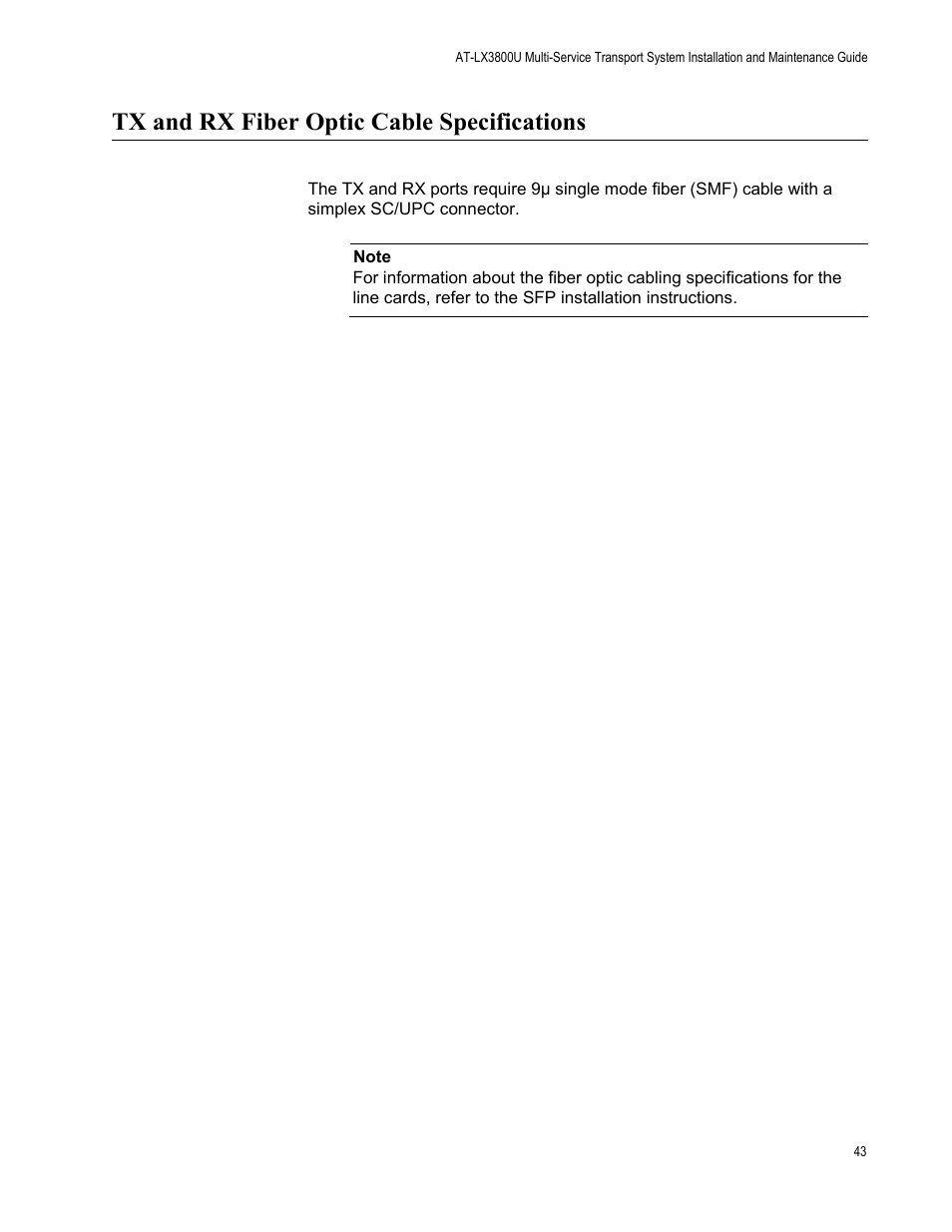 Tx and rx fiber optic cable specifications | Allied Telesis AT-LX3800U User Manual | Page 43 / 110