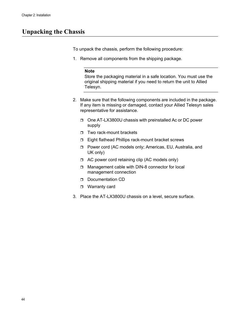 Unpacking the chassis | Allied Telesis AT-LX3800U User Manual | Page 44 / 110