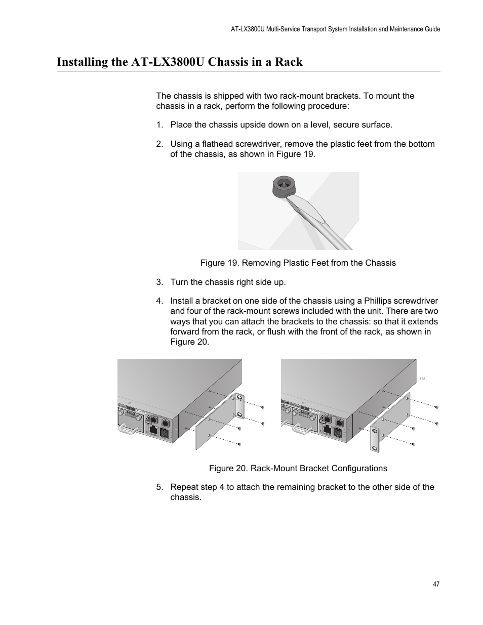 Installing the at-lx3800u chassis in a rack, Class 1 laser p roduc t, Reset | Allied Telesis AT-LX3800U User Manual | Page 47 / 110