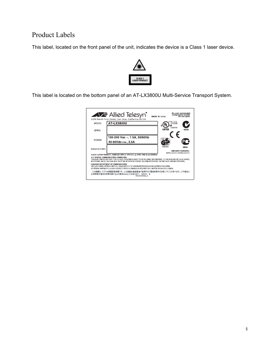 Product labels | Allied Telesis AT-LX3800U User Manual | Page 5 / 110