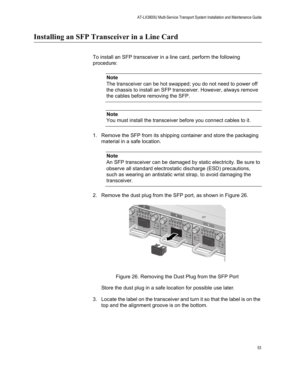 Installing an sfp transceiver in a line card | Allied Telesis AT-LX3800U User Manual | Page 53 / 110