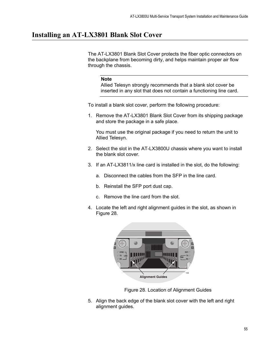 Installing an at-lx3801 blank slot cover, Figure 28. location of alignment guides | Allied Telesis AT-LX3800U User Manual | Page 55 / 110