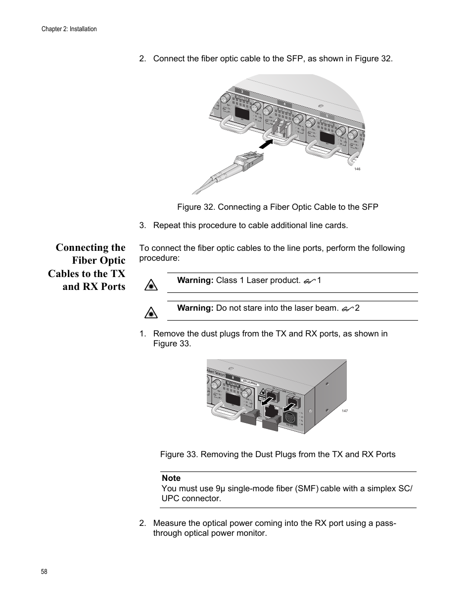 Warning: class 1 laser product, 1warning: do not stare into the laser beam, Chapter 2: installation 58 | Allied Telesis AT-LX3800U User Manual | Page 58 / 110