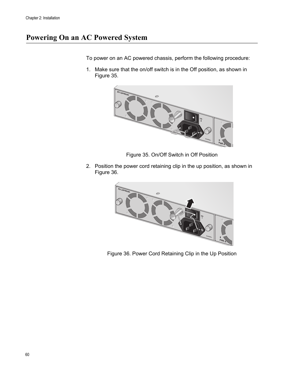 Powering on an ac powered system, Chapter 2: installation 60 | Allied Telesis AT-LX3800U User Manual | Page 60 / 110