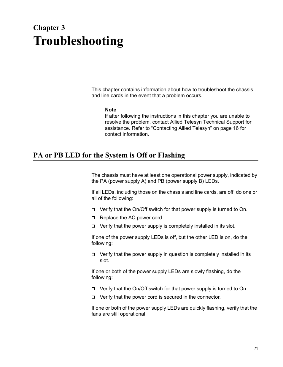 Chapter 3, Troubleshooting, Pa or pb led for the system is off or flashing | R 3: troubleshooting | Allied Telesis AT-LX3800U User Manual | Page 71 / 110