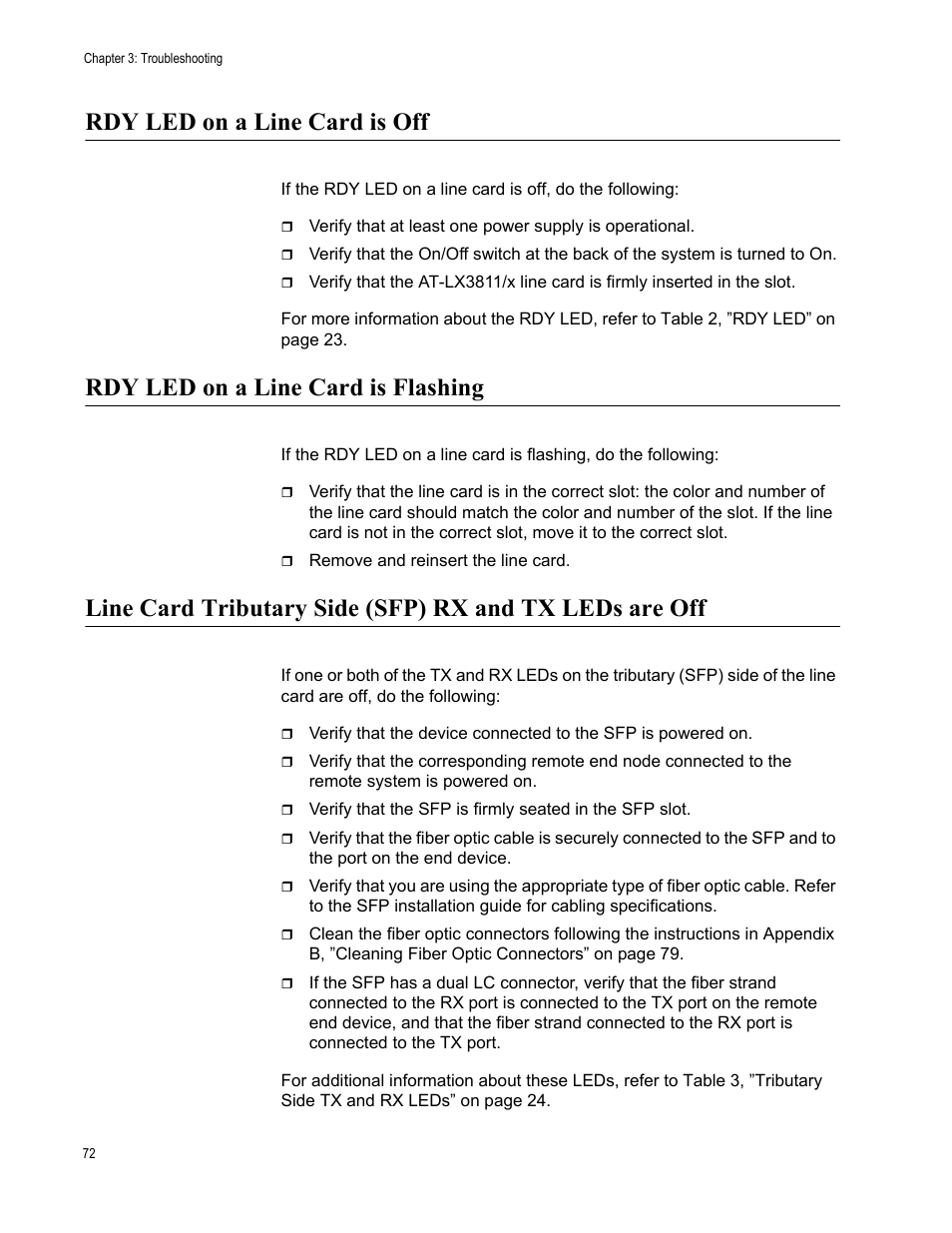 Rdy led on a line card is off, Rdy led on a line card is flashing | Allied Telesis AT-LX3800U User Manual | Page 72 / 110