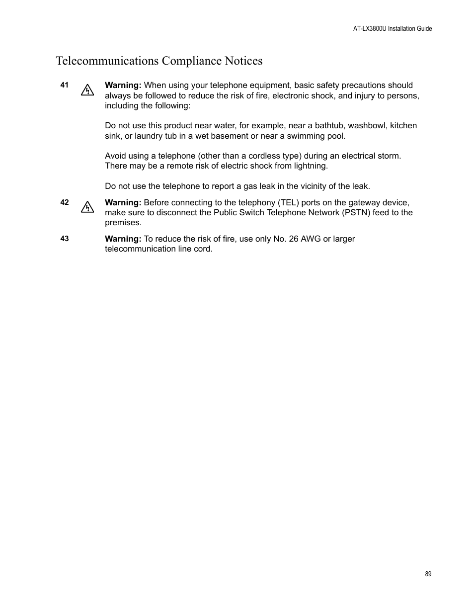 Telecommunications compliance notices | Allied Telesis AT-LX3800U User Manual | Page 89 / 110