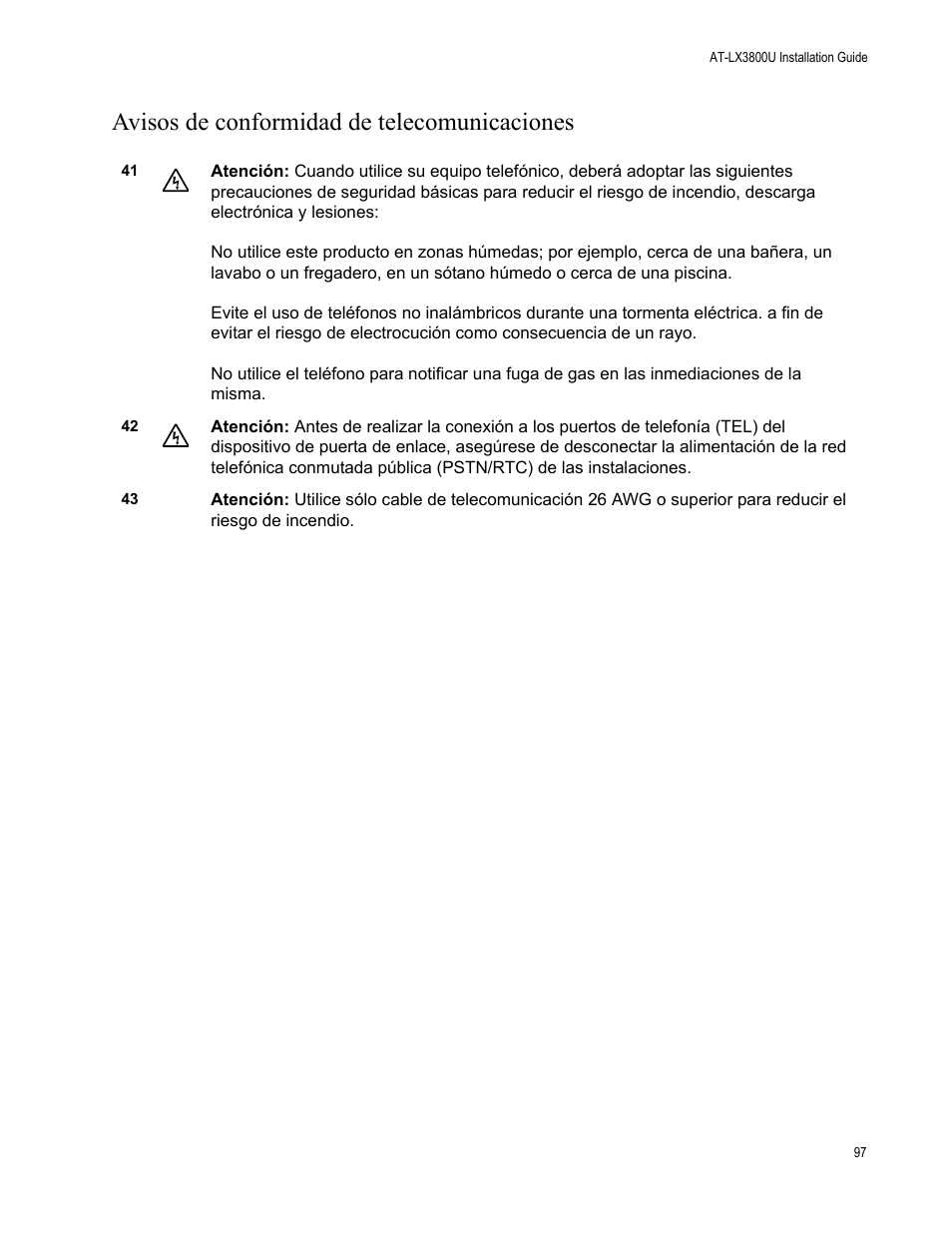 Avisos de conformidad de telecomunicaciones | Allied Telesis AT-LX3800U User Manual | Page 97 / 110