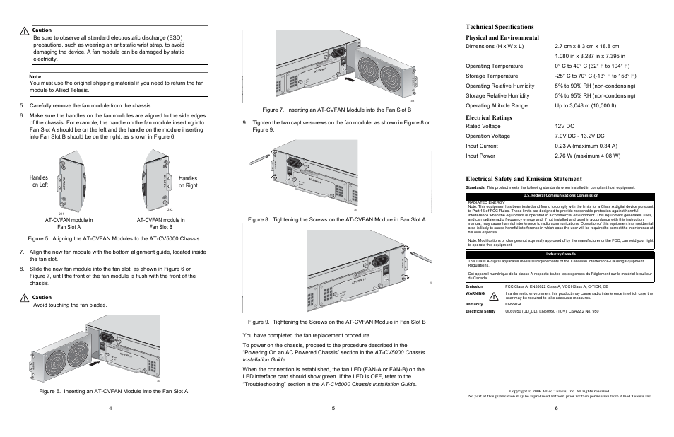 Technical specifications, Electrical safety and emission statement, Physical and environmental | Electrical ratings | Allied Telesis AT-CVFAN User Manual | Page 2 / 2