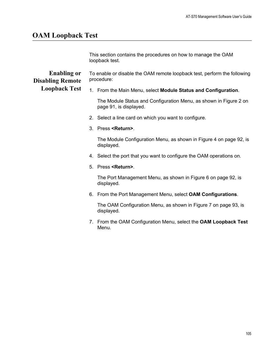 Oam loopback test, Enabling or disabling remote loopback test | Allied Telesis AT-S70 User Manual | Page 105 / 132