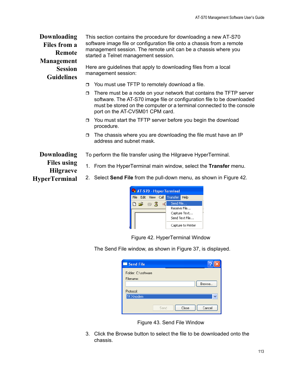 Downloading files using hilgraeve hyperterminal | Allied Telesis AT-S70 User Manual | Page 113 / 132