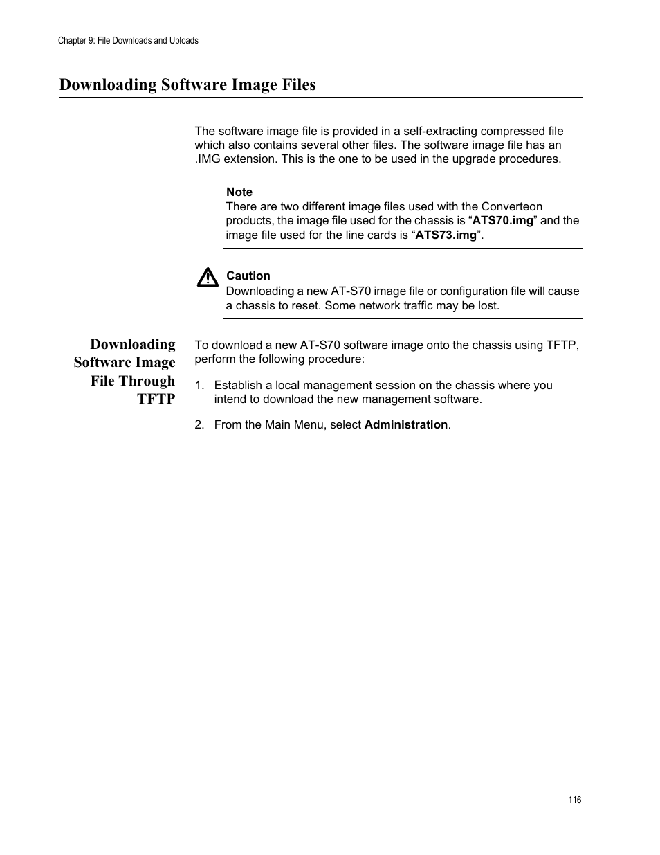 Downloading software image files, Downloading software image file through tftp | Allied Telesis AT-S70 User Manual | Page 116 / 132