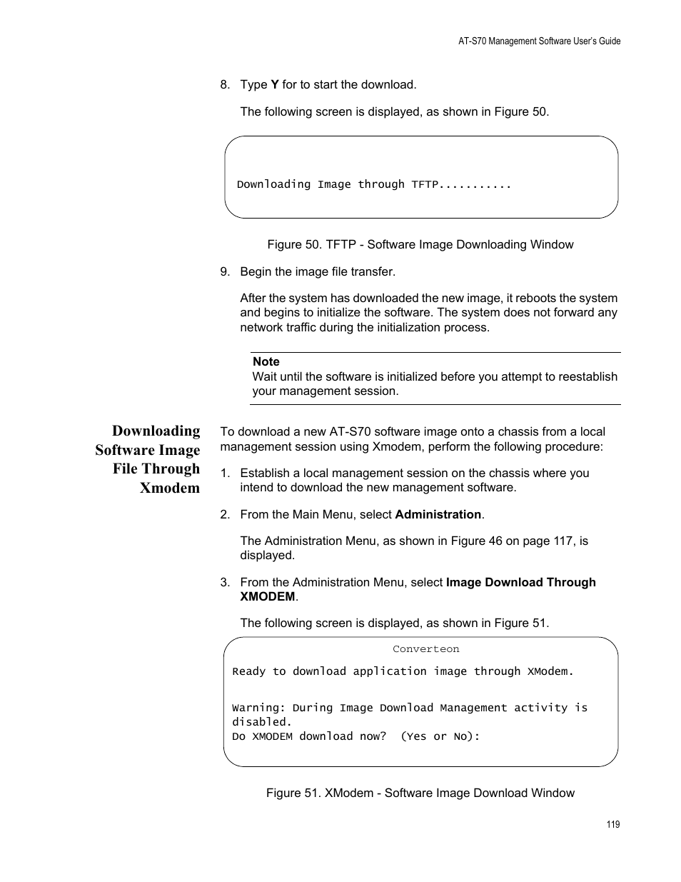 Downloading software image file through xmodem, Tftp - software image downloading window | Allied Telesis AT-S70 User Manual | Page 119 / 132